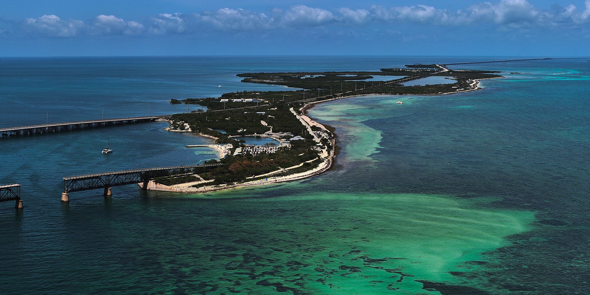 Aerial view of turquoise water and the bridge at Bahia Honda Key