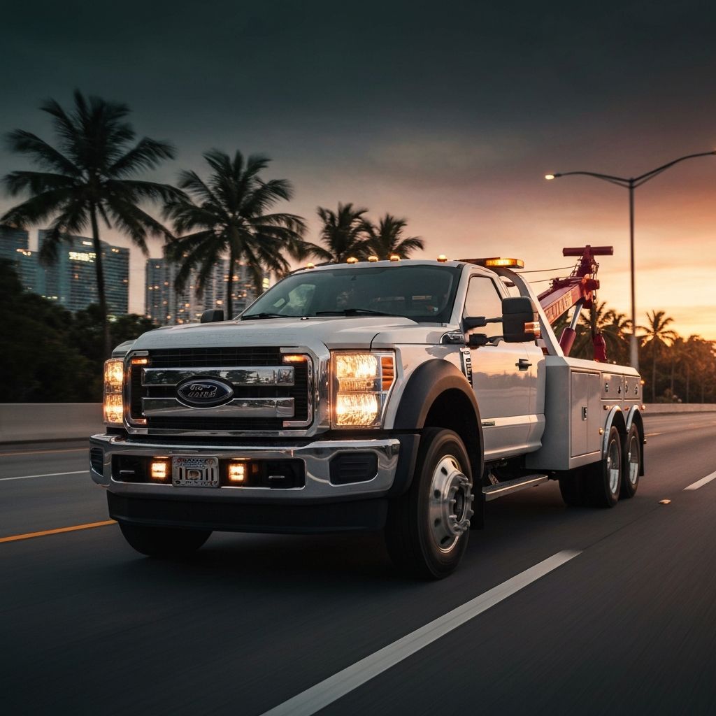 A towing service truck on a Miami road at sunset.
